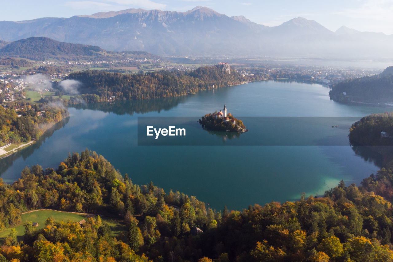 Aerial view of lake against mountain