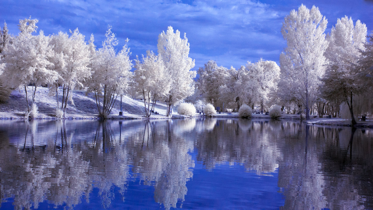 Scenic view of lake against sky during winter