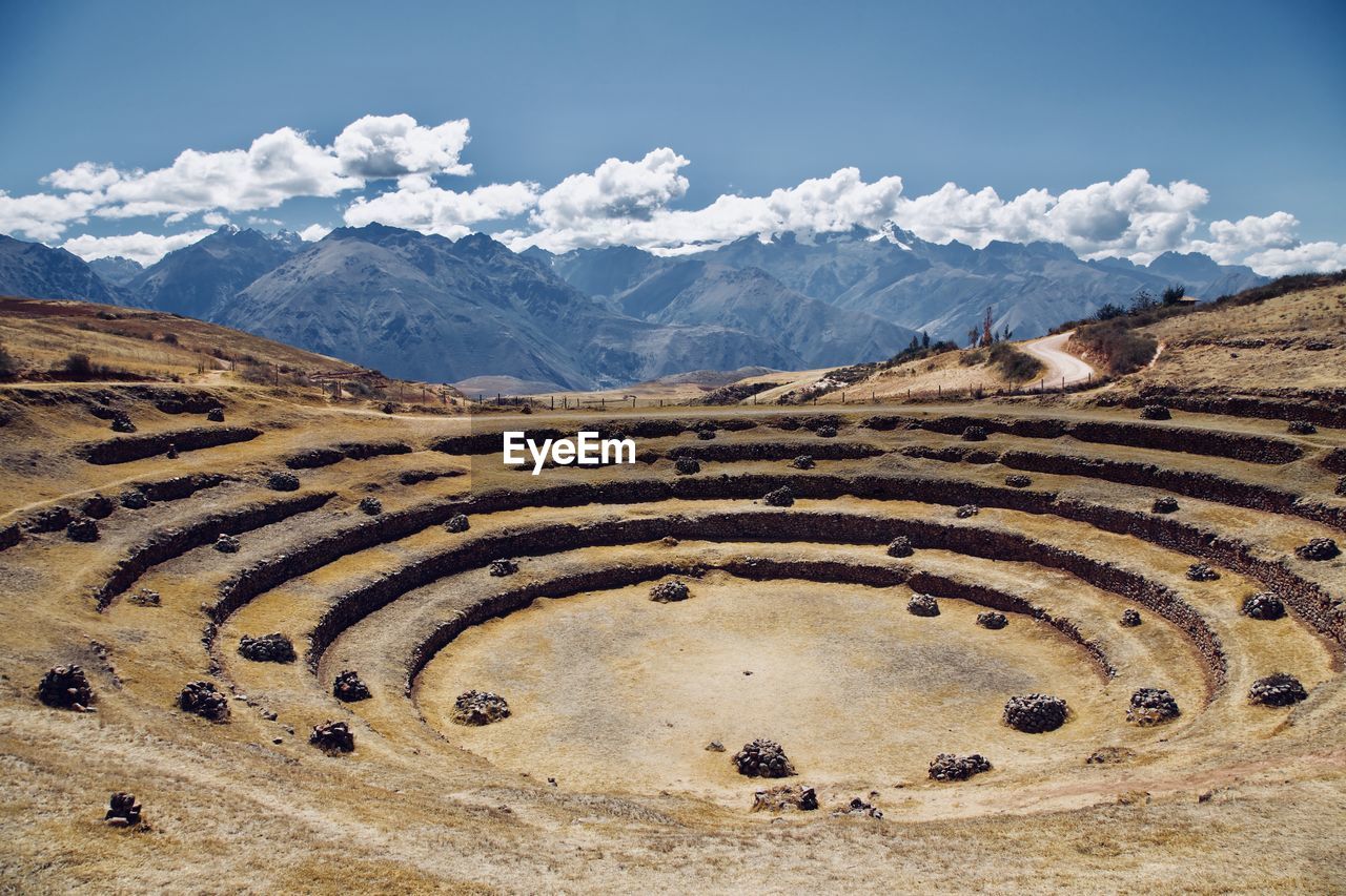 High angle view of ancient civilization against mountains