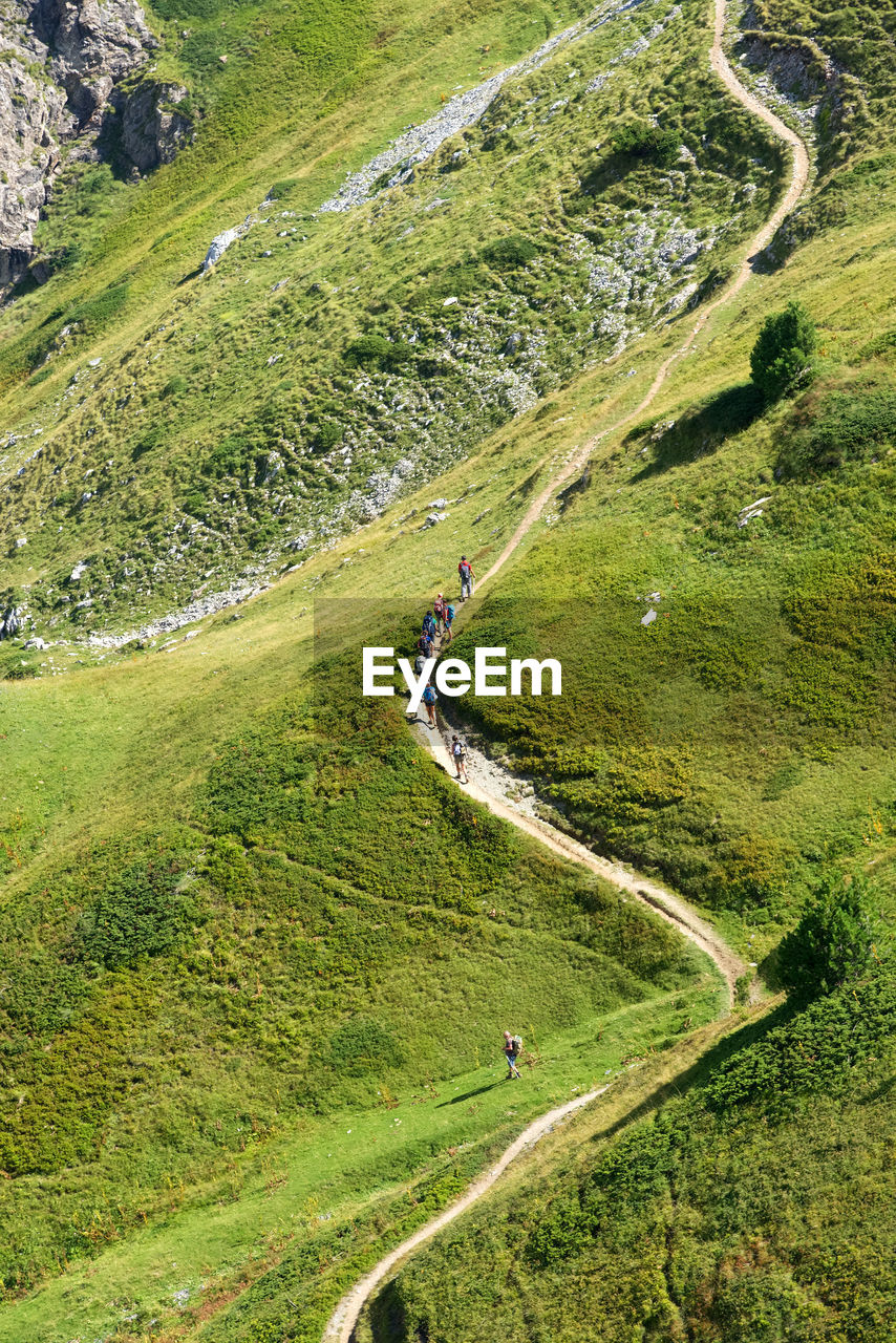 High angle view of trekking path against field