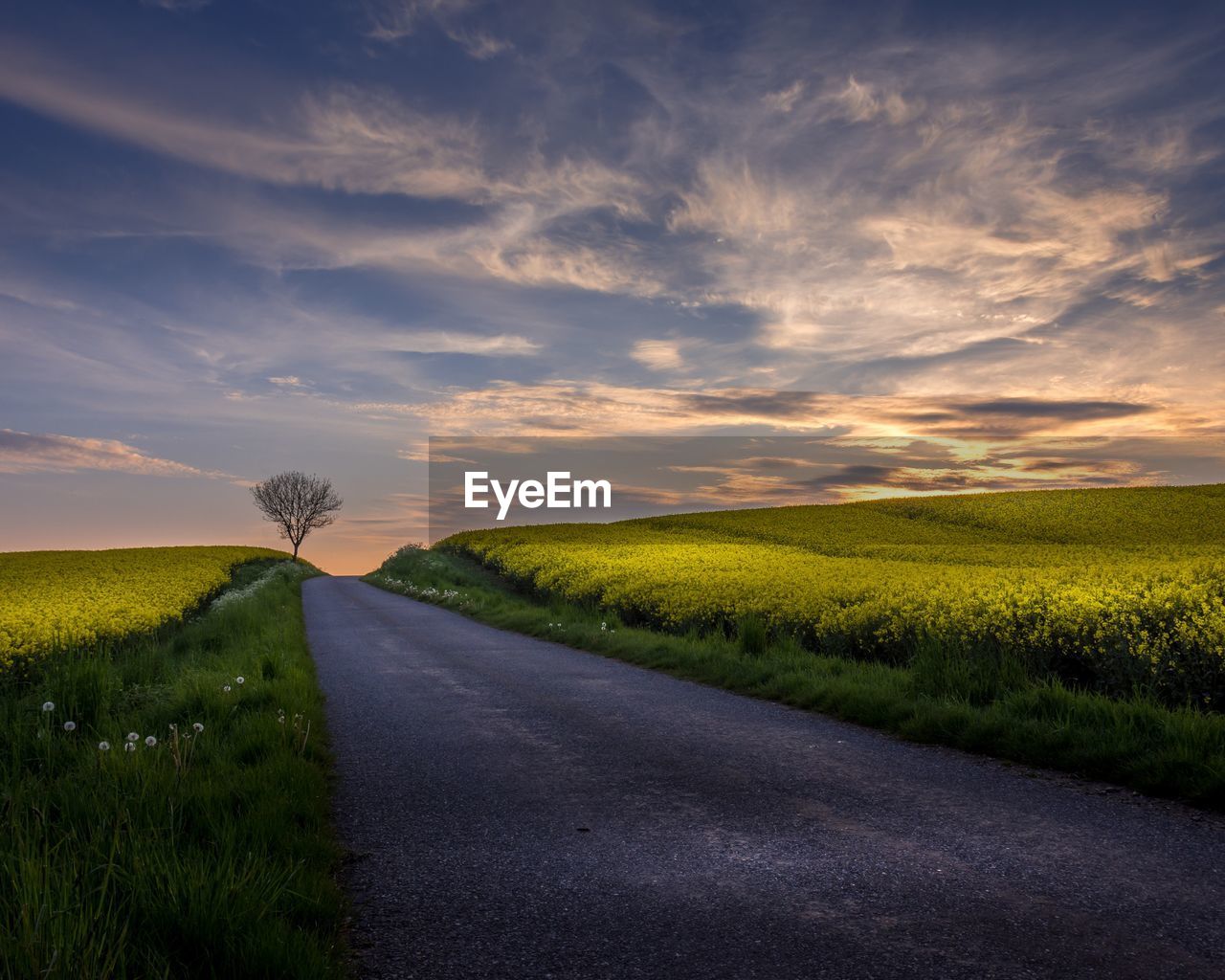 Road amidst field against sky during sunset