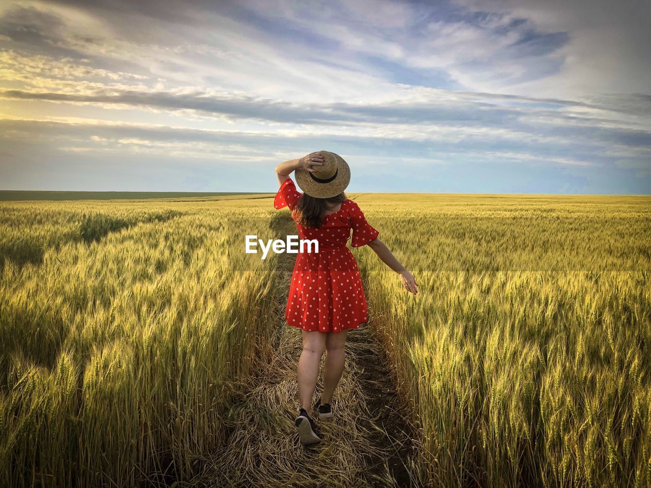 Rear view of woman wearing a red dress and a straw hat standingin a wheat field