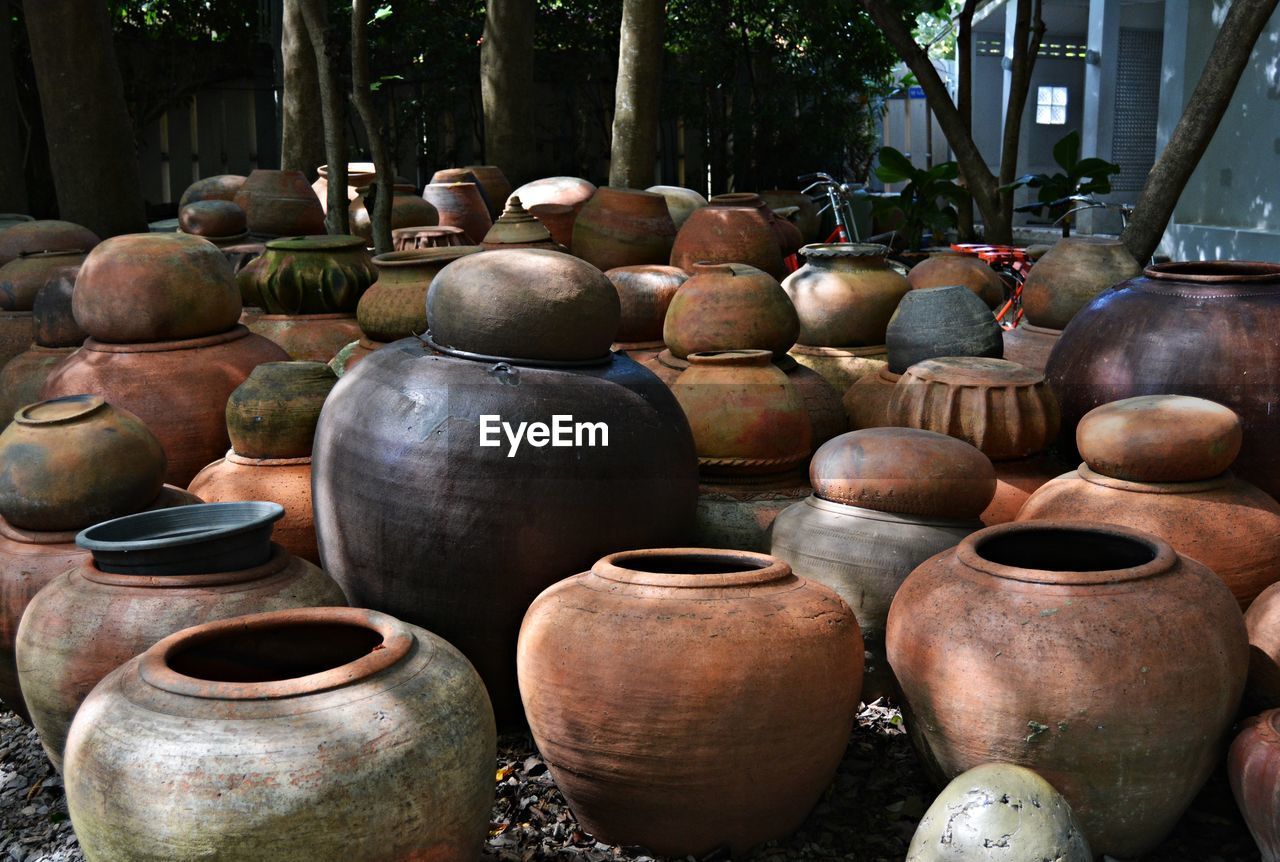 High angle view of pots 