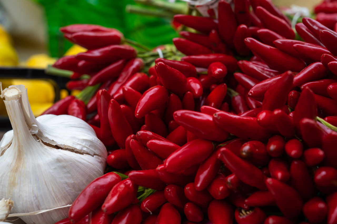 CLOSE-UP OF RED CHILI PEPPERS AT MARKET STALL