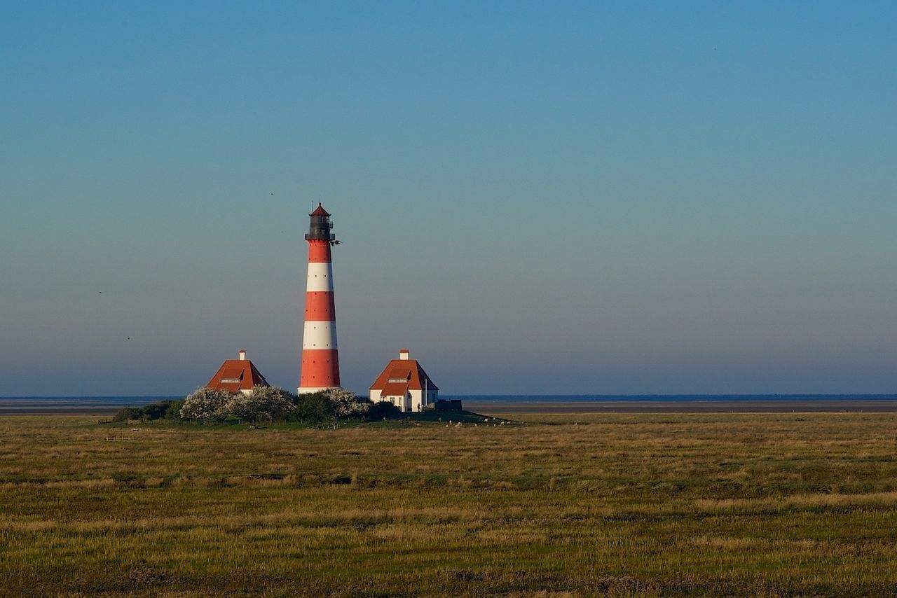 Westerheversand lighthouse on field against clear sky