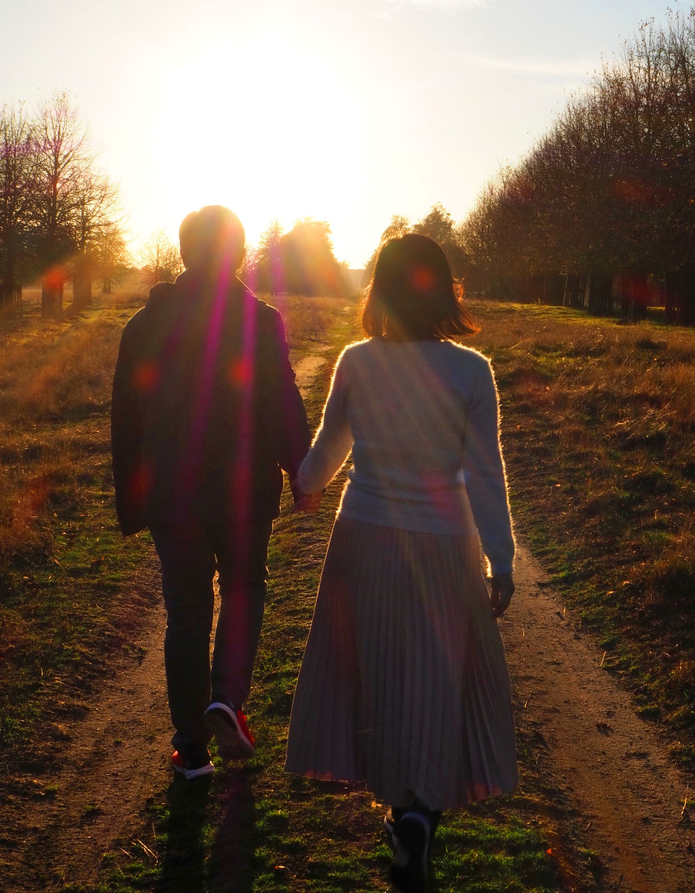 REAR VIEW OF FRIENDS WALKING ON FIELD AGAINST SKY