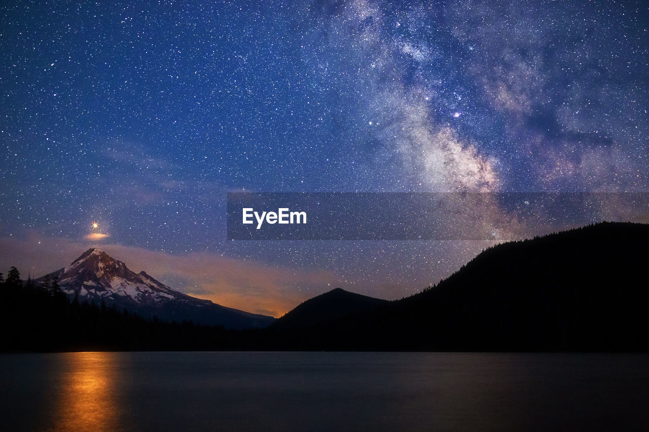SCENIC VIEW OF LAKE AND MOUNTAINS AGAINST STAR FIELD AT NIGHT