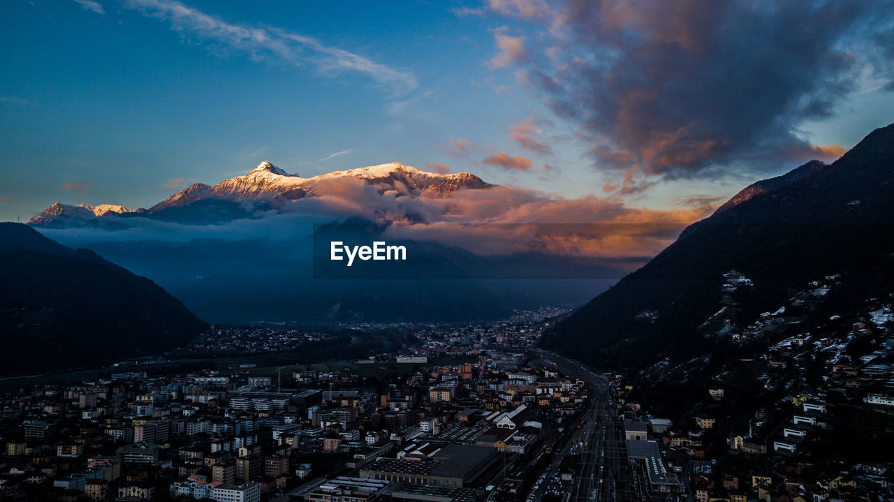 High angle view of townscape against sky during sunset