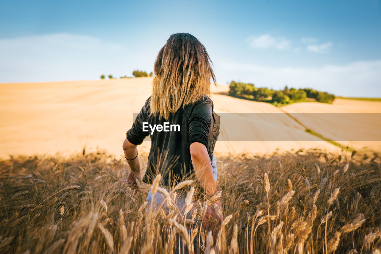 Rear view of woman in wheat field