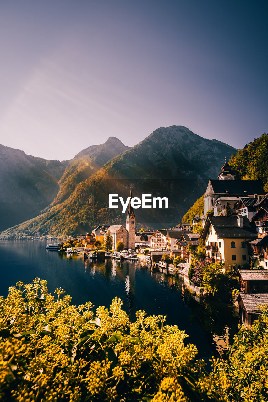 High angle view of trees and buildings against sky in hallstatt austria