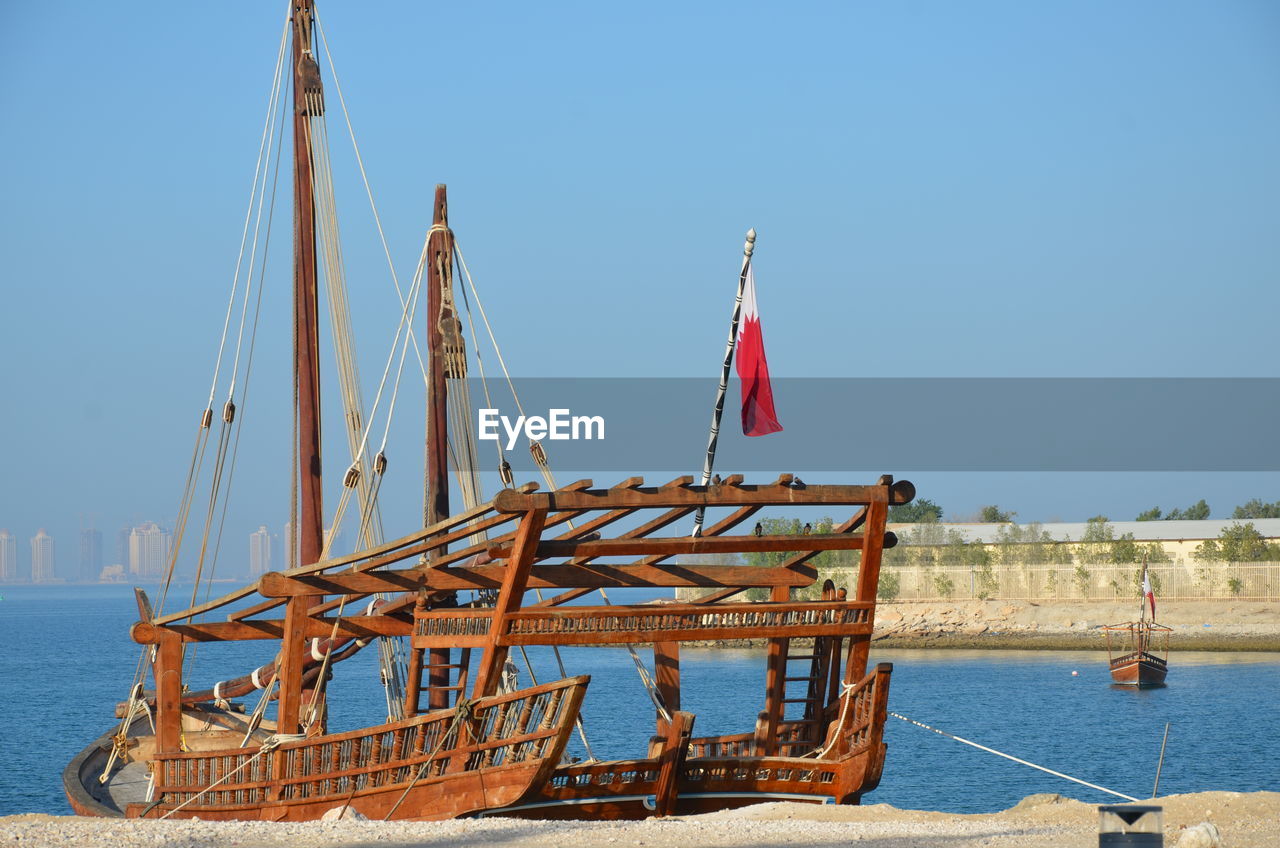 SAILBOAT MOORED ON SEA AGAINST CLEAR SKY