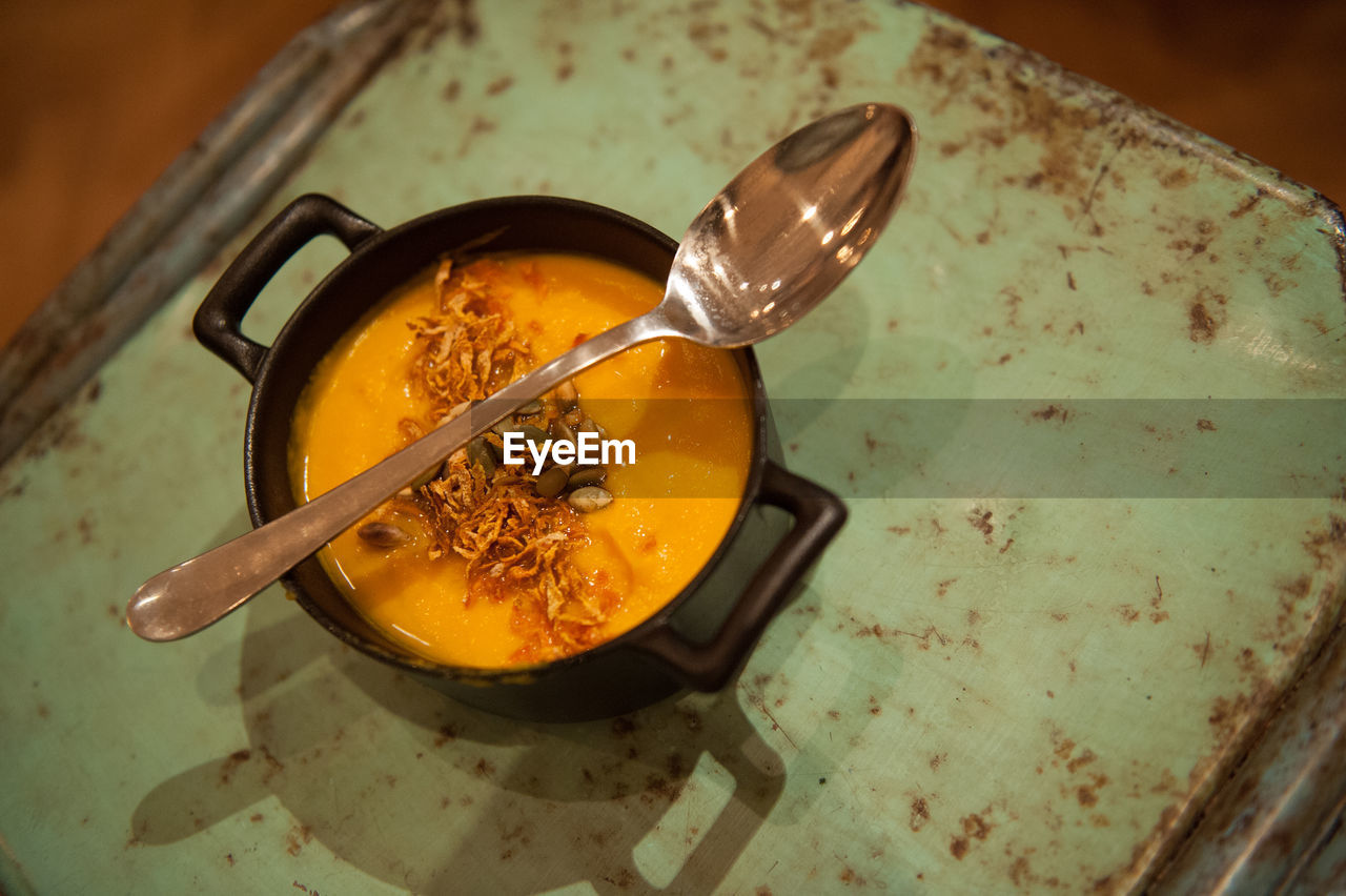 High angle view of soup on table