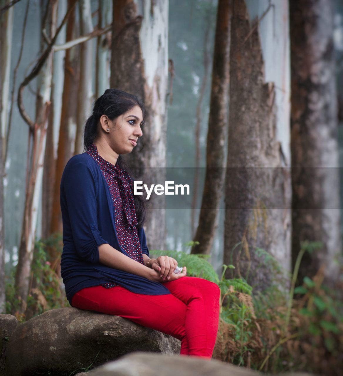 Side view of thoughtful young woman sitting on rock in forest