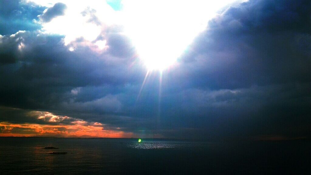Scenic view of sea against cloudy sky during sunset