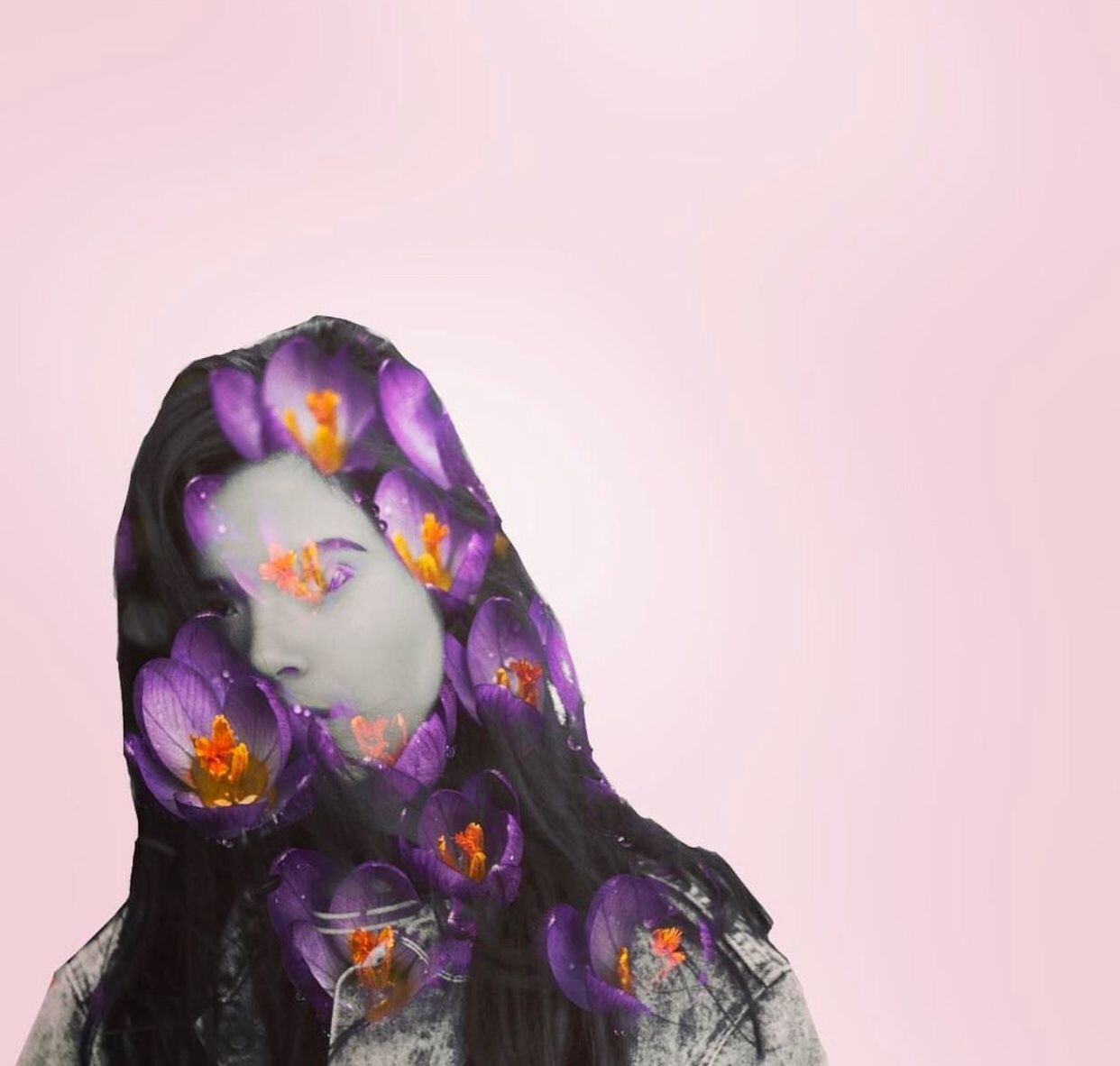 Double exposure of young woman and purple flowers against pink background