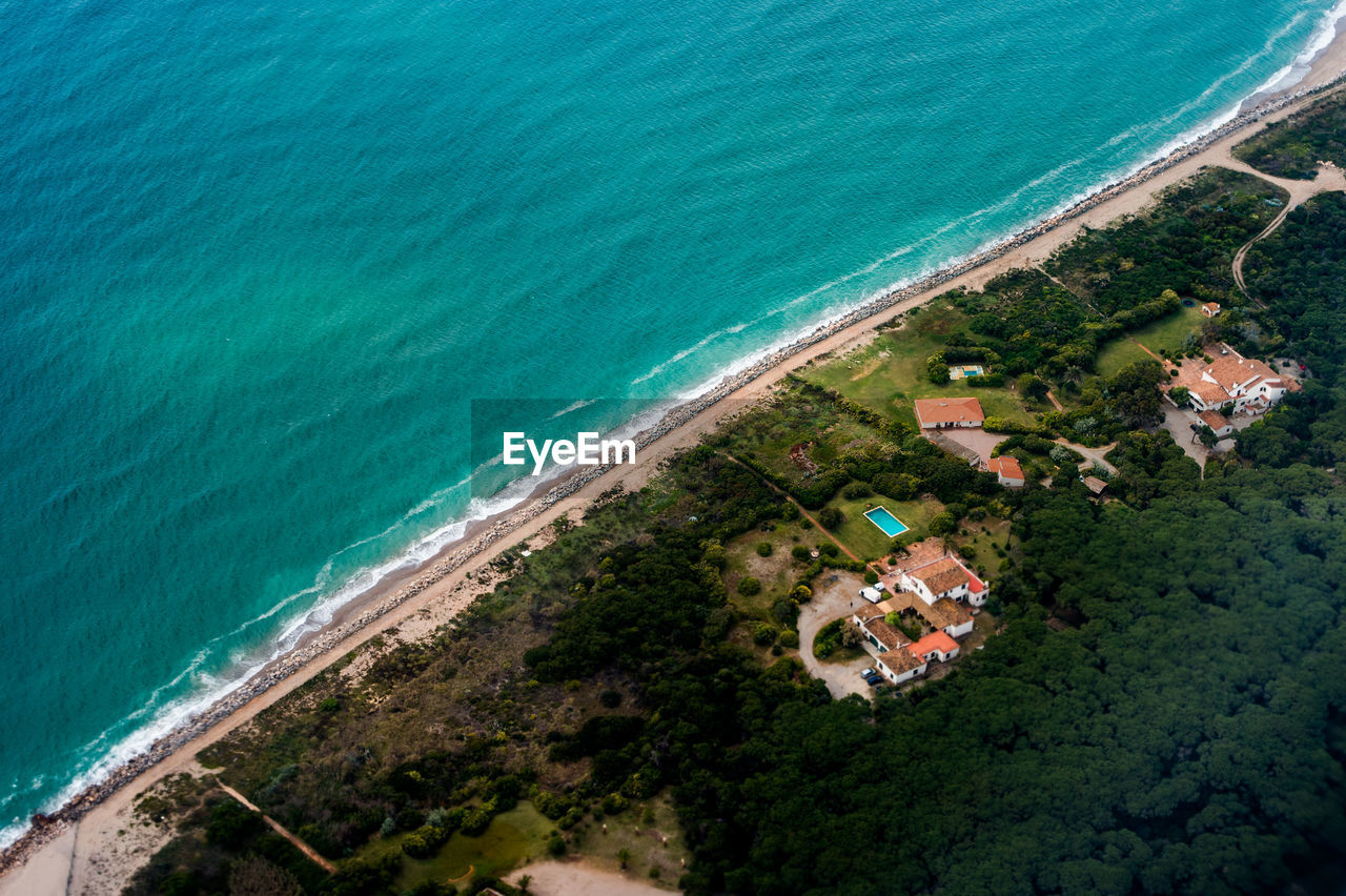 Aerial view of barcelonas beach from the flight