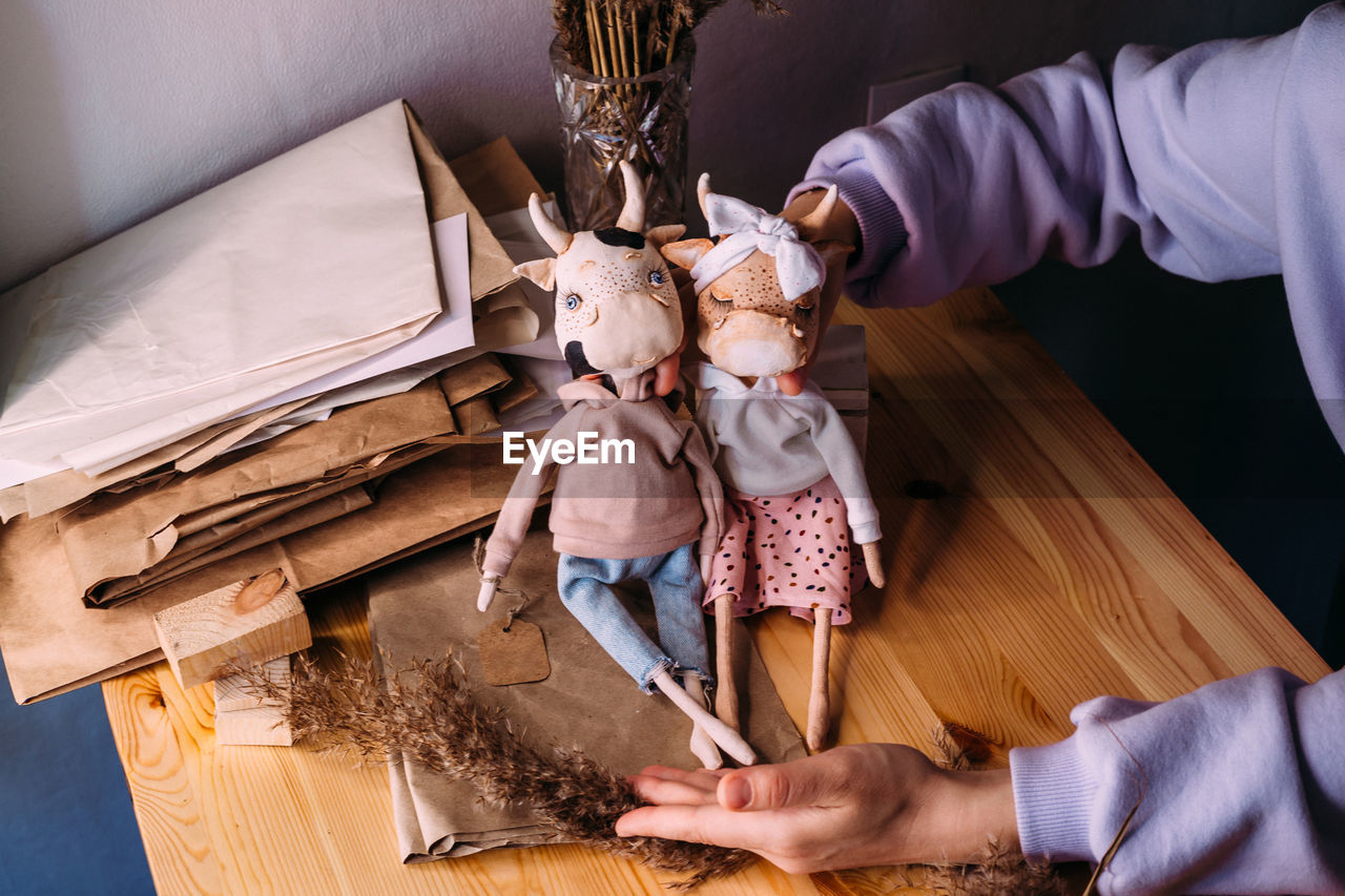 High angle view of people with toy at home