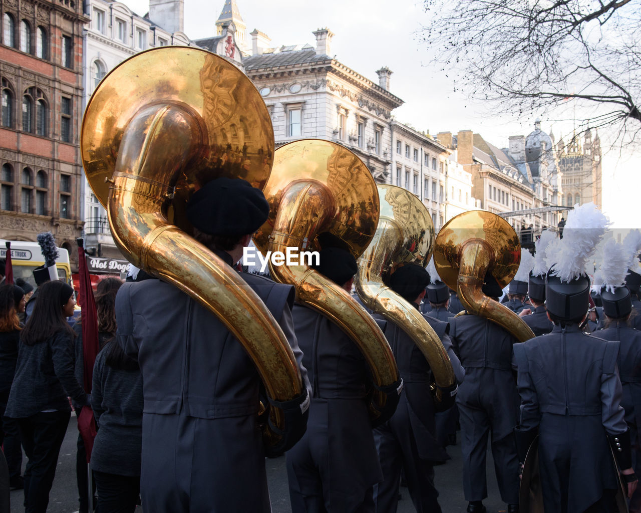 Sousaphone players in a new year parade