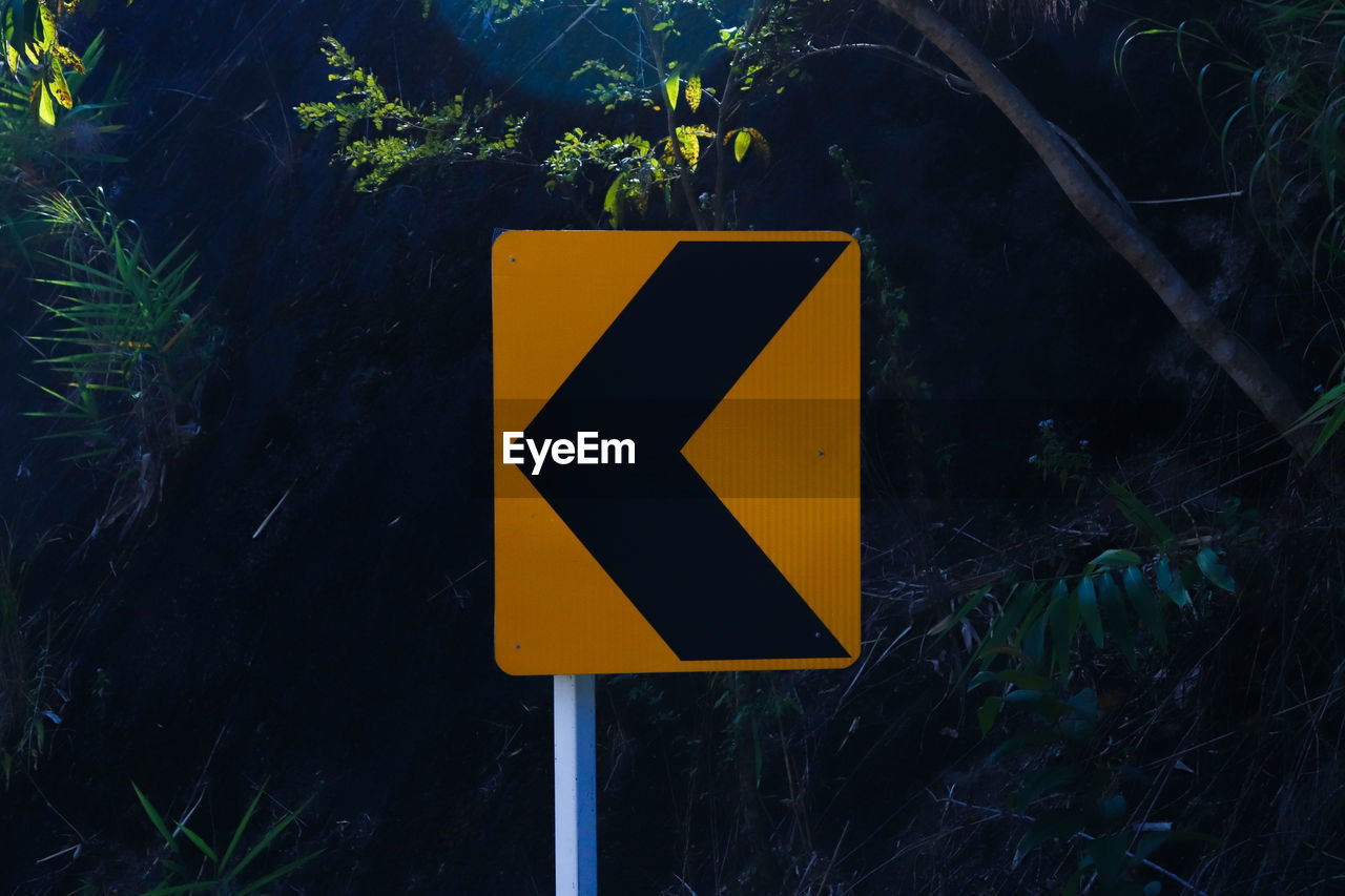 Close-up of directional sign against trees