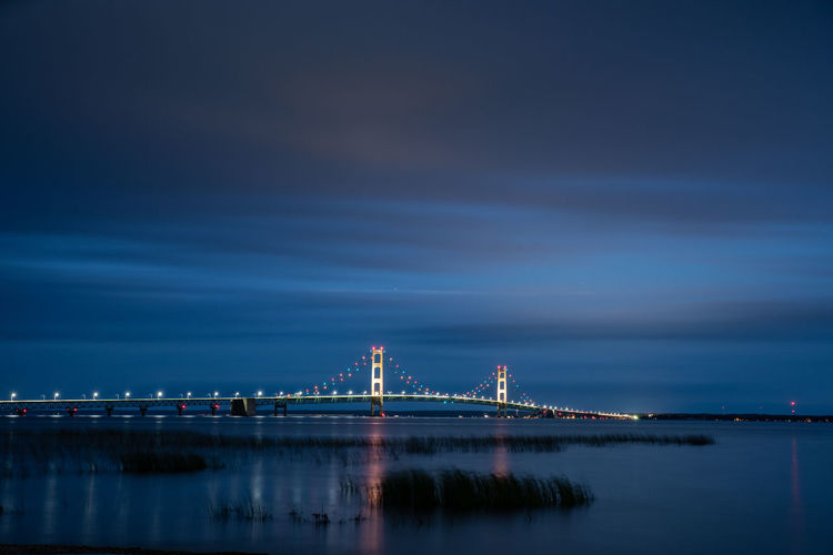 Illuminated bridge over water against sky