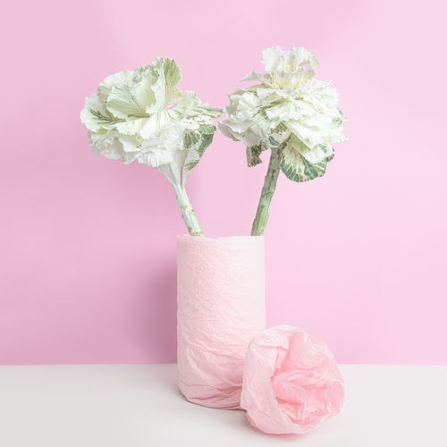 Close-up of pink flower vase on table