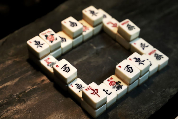 High angle view of text on table mahjong 