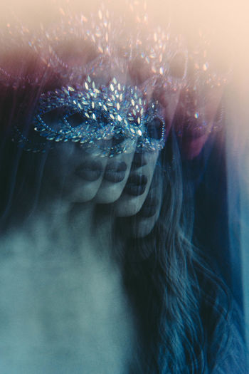 Multiple image of woman wearing venetian mask