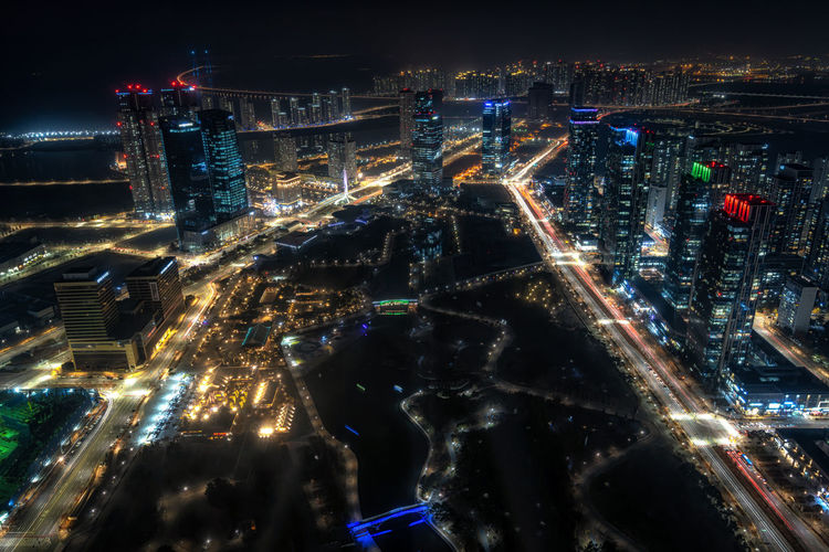 The view of songdo international city and the central park at night. taken in songdo, south korea.