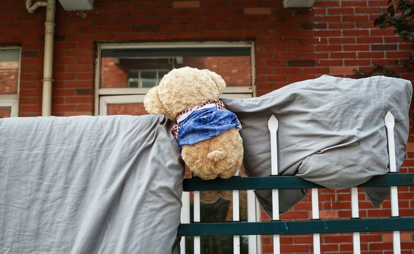 Teddy bear on fence against house