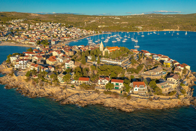 Aerial scene of primosten town the coast of the adriatic sea, croatia