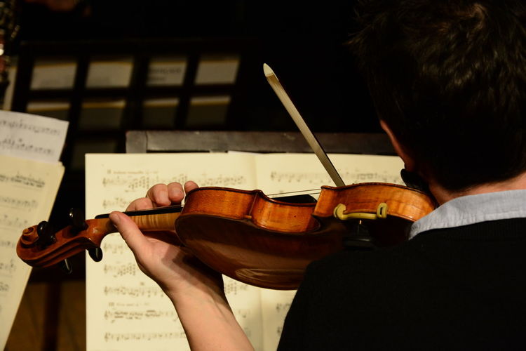 Rear view of man playing violin