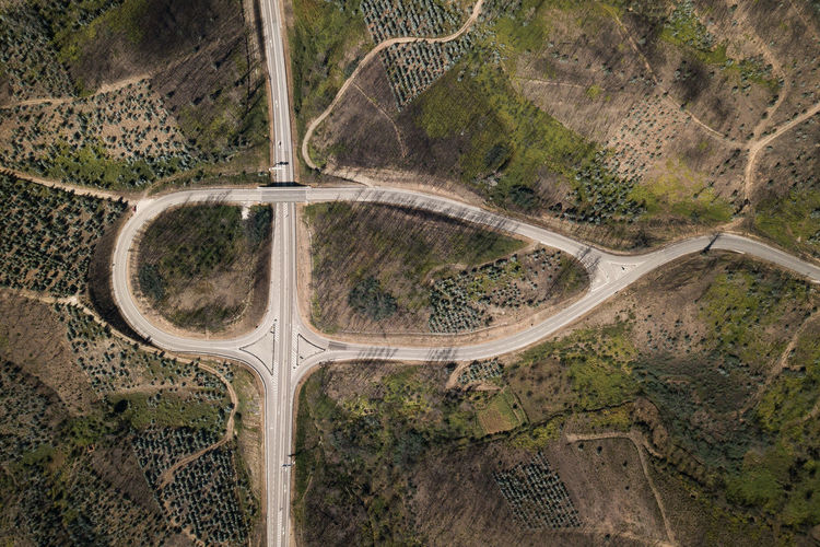 High angle view of road passing through land