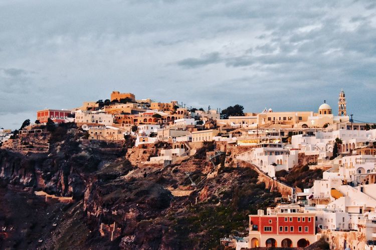 High angle view of buildings in city. fira, santorini 