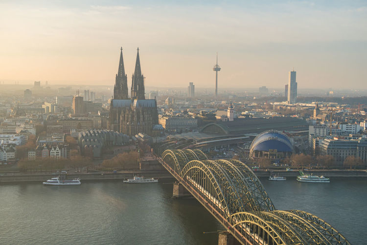 Aerial view on cologne city and hohenzollern bridge in cologne, germany