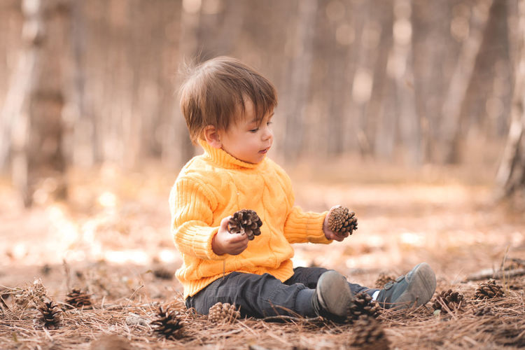 Portrait of boy playing in forest