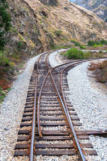 High angle view of railroad tracks by mountains