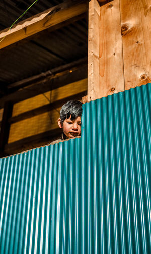 Portrait of boy standing on wood