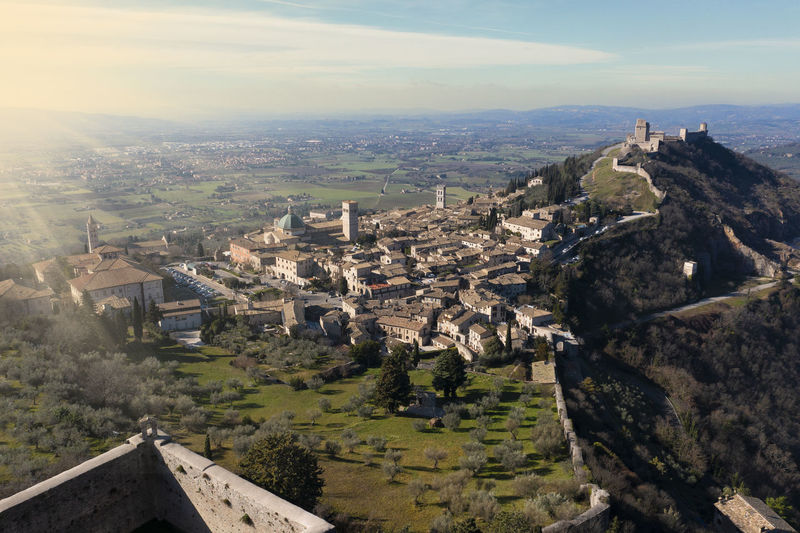 High angle view of townscape against sky during sunset