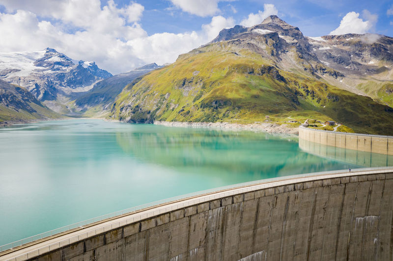 Aerial of dam and alpine water reservoirs, kaprun, austria