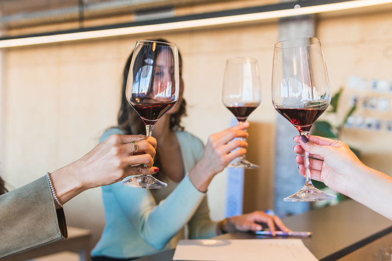 Crop unrecognizable female sommeliers clinking wineglasses over counter and smiling during wine degustation in restaurant