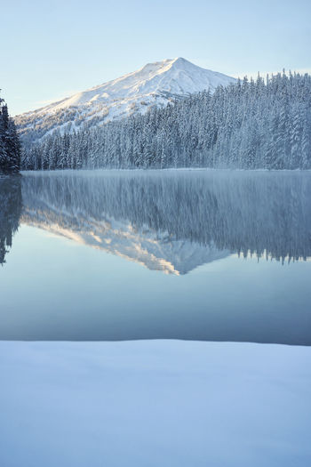 Scenic mountain in winter reflecting in lake
