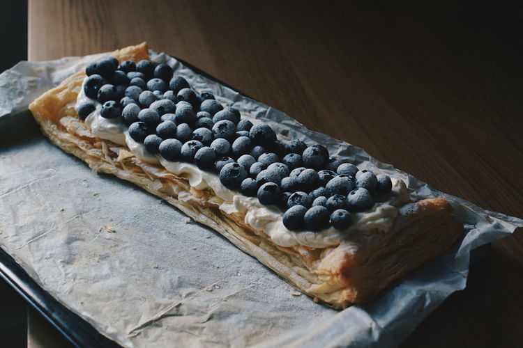 High angle view of puff pastry in plate on table