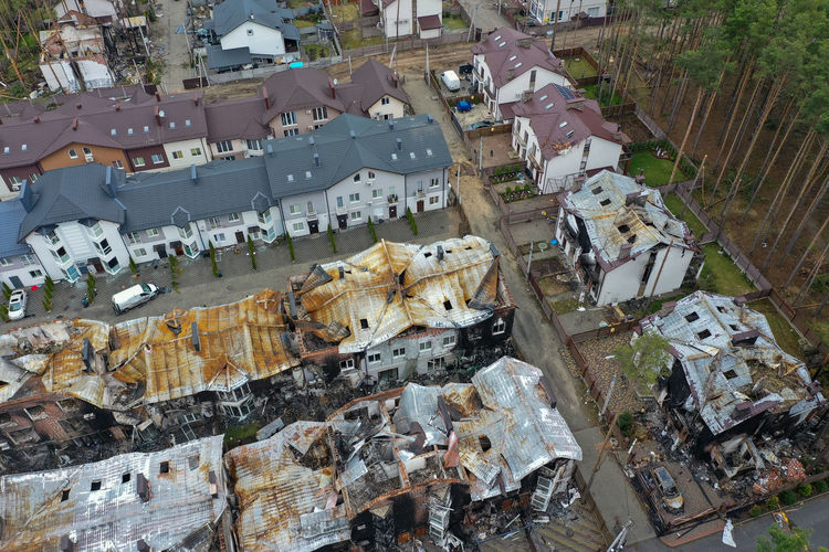 Top view of the destroyed and burnt houses. houses were destroyed by rockets or mines from soldiers.