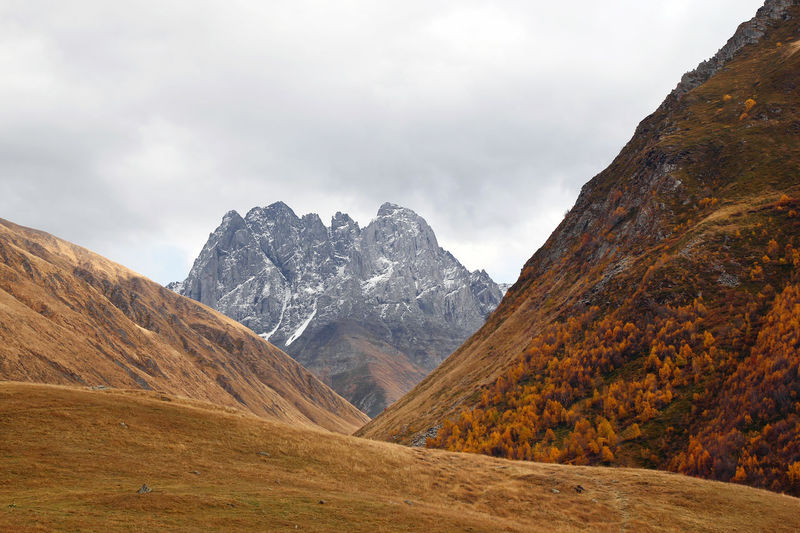 Colorful autumn landscape in the caucasus mountains with snowy peak, georgia.