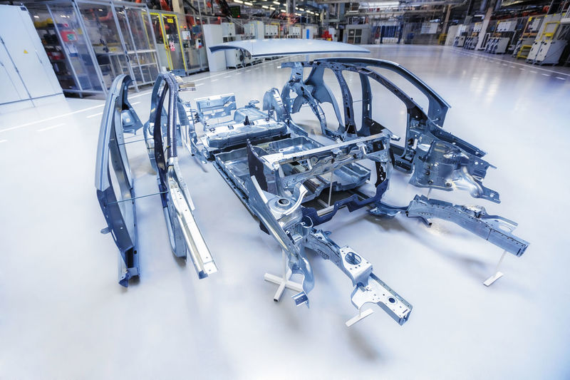 High angle view of car chassis in factory