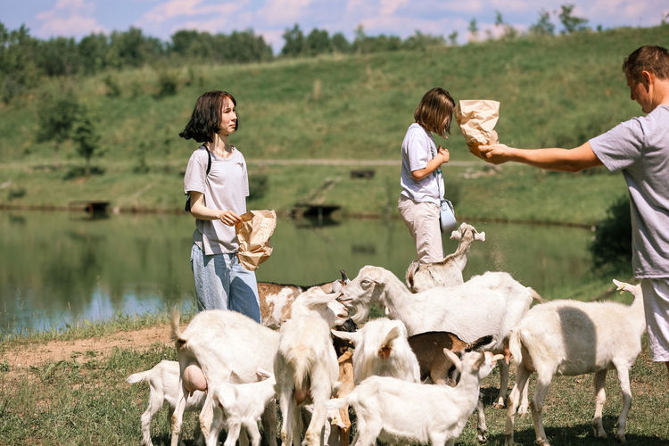 Dad and daughters feed goats in a clearing in the forest