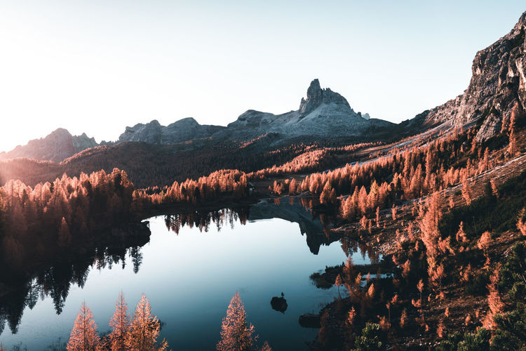 Scenic view of lake and mountains against clear sky