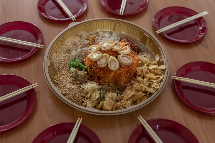 High angle view of meal served on table