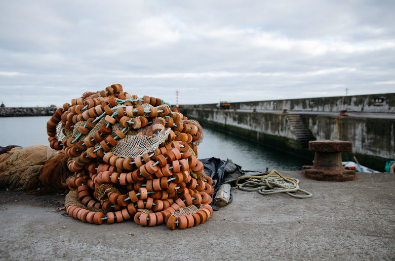 Rolled up fishernet at harbour