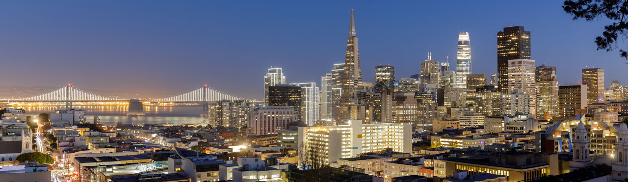 San francisco panoramic cityscapes with holidays lights via russian hill during the blue hour